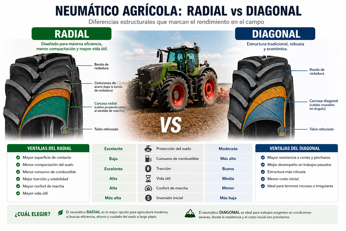 diferencia entre neumático agrícola radial y diagonal en tractor