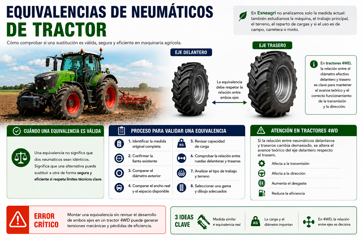 equivalencias de neumáticos de tractor delantero y trasero