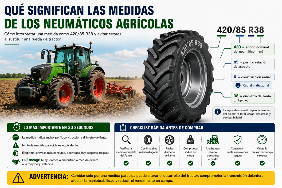 medidas de neumáticos agrícolas en tractor trabajando en campo