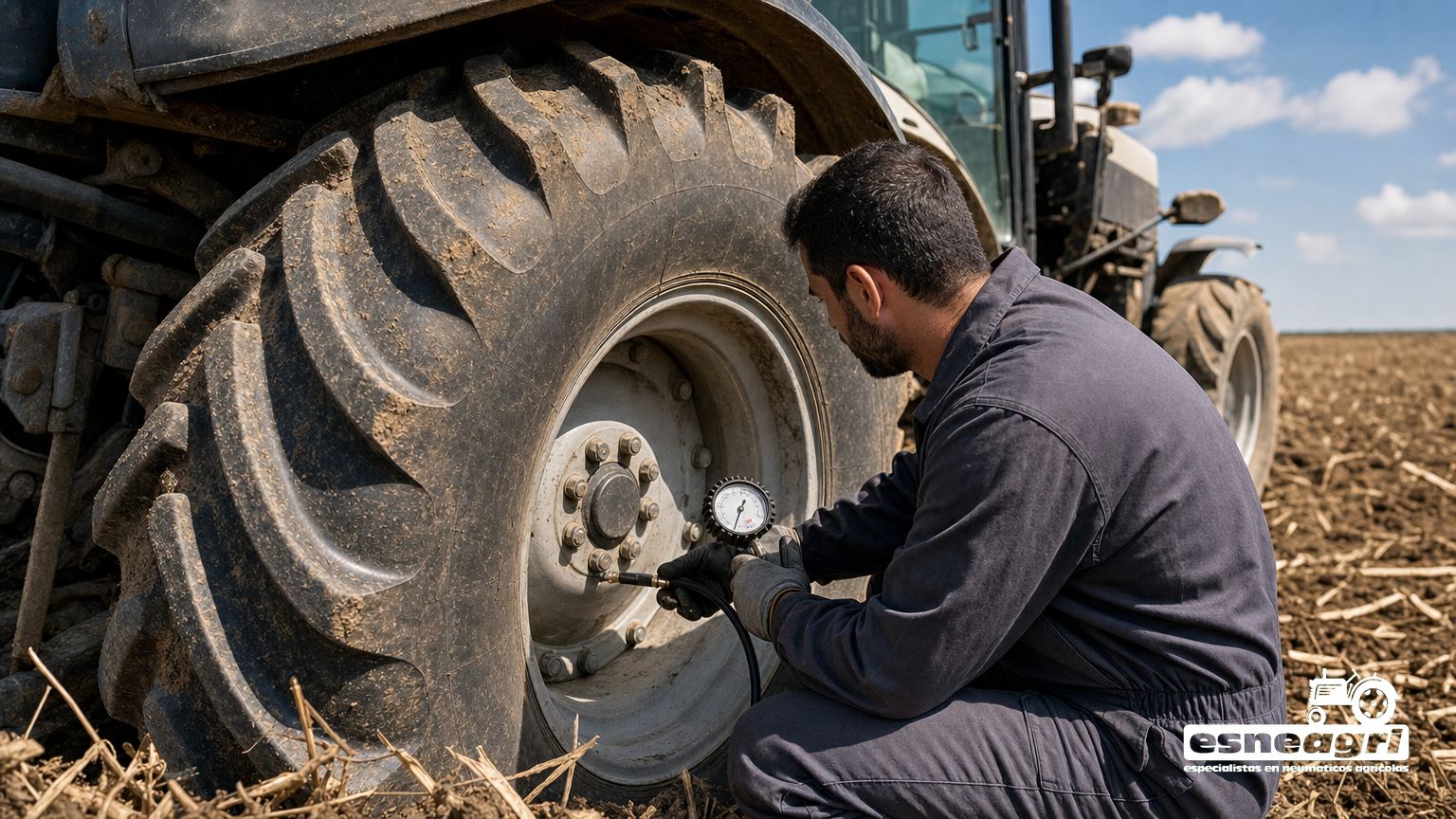 Agricultor agachado junto a la rueda de un tractor comprobando la presión del neumático con un manómetro en el campo